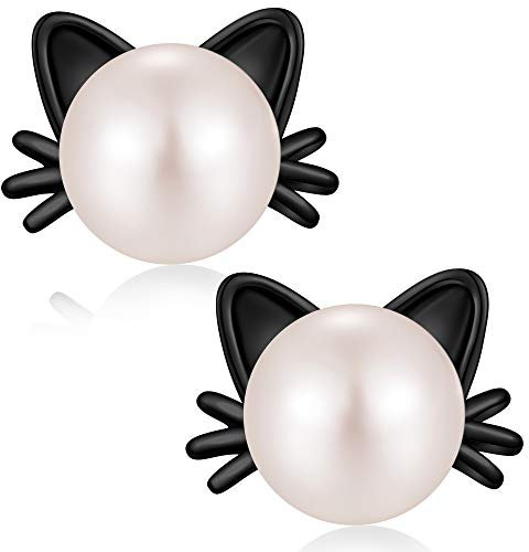 Katze Ohrringe Schwarz Katzen Ohrstecker Silber Damen Perlen Ohrringe Katze Geschenk für Katzenliebhaber