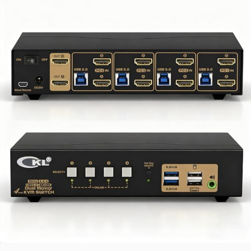 CKL 4 Port USB 3.0 KVM Switch Dual Monitor HDMI 4K 60Hz, Keyboard Video Mouse Peripherals Switcher for 4 Computers 2 Monitors with Audio