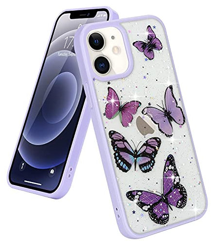 Urarssa Compatible with iPhone 11 Case Cute Girls Women Butterfly Design Bling Glitter Stars Soft TPU Bumper Shockproof Protective Phone Cover case for iPhone 11(6.1 inch) Purple