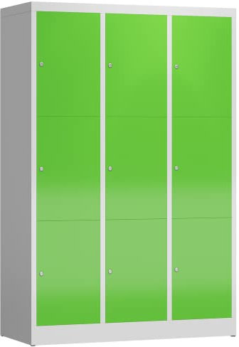 Lüllmann XL Spind Kleiderspind 3 Abteile 9 Fächer 1800 x 1200 x 500 mm (RAL 7035/6018 lichtgrau/gelbgrün)