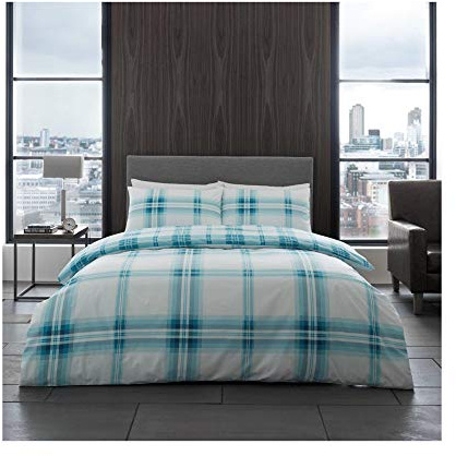 GC GAVENO CAVAILIA Printed Duvet Cover Sets, Reversible Bedding Bed Set, Polycotton Quilt Covers, Bardsley Check-Teal, King