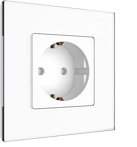 PULSAR Steckdose Weiß 1 Fach Unterputz mit Kristall Glas Platte Wandsteckdose 250V / 16 Amp Schuko Einzel-Steckdose mit Kindersicherung 86mm