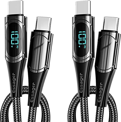 ESSAGER Cable USB C a USB C (2 Piezas 1M+1M) PD 100W 5A QC 4.0 Cable Carga Rápida, Hilo Trenzado de PP LED Pantalla Tipo C Cargador, para i Pad Pro 2020, Galaxy S21 S10, Huawei P30 Más etc (Negro)