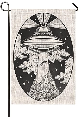 Zaueky Gartenflagge, Alien, UFO, kleine Hofflagge, 30,5 x 45,7 cm, lichtbeständig, doppelseitig, vertikal, ideal für Urlaub, Outdoor-Dekoration, Ich möchte Raumschiff verlassen, attraktive Kraft, hell