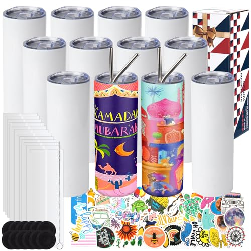 ROTERSTEIN 12 Pack 20 oz Sublimation Tumbler Set Double Walled Stainless Steel Skinny Straight Blank Tumbler Sublimation Cup with Lid, Straw, Shrink Wrap, Rubber Base for Heat Transfer Heat Press