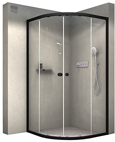 BERNSTEIN Viertelkreis Duschkabine 80 x 80 cm Runddusche mit Rahmen in Schwarz matt Schiebetür Eckeinstieg ESG Nano Glas-Dusche Platzsparende Duschabtennung