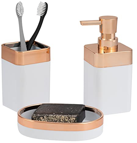 bremermann Badezimmer-Set 3-TLG. Savona, Kunststoff, weiß-Rosegold, Seifenschale, Seifenspender, Becher
