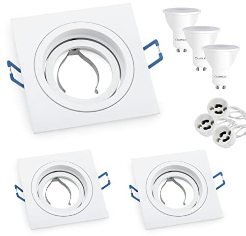 Lumiled 3x Einbaustrahler LED flach Spots GU10 inkl. 6W LED Leuchtmittel Warmweiß 3000K 580lm Einbauleuchten 230V Einbaurahmen weiß eckig Einbauspots schwenkbar Downlight