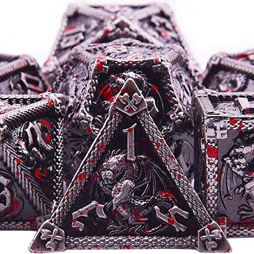 SIQUK 7 Stücke Würfel Metall Set DND Würfel Polyedrisch Würfel Metall Spielwürfel D20 D12 D10 D% D8 D6 D4 DND Dice Metal für RPG D&D Dungeons and Dragons, Blut Bespritzt