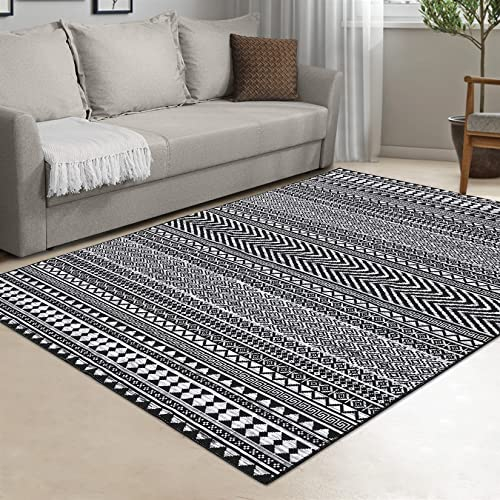 LuxFocus Maschinenwaschbarer Teppich, In & Outdoor Wasserfester Vintage-Teppich rutschfest Kurzflor mit Modernem Design Teppich für Schlafzimmer Wohnzimmer Esszimmer Küche 120 x 170 cm Schwarz