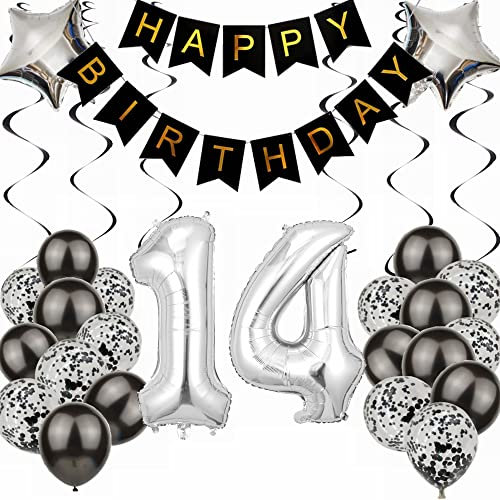 Kiwochy Luftballon 14. Geburtstag Dekoration Black and Silber Party Deko 14. Geburtstag Junge Party Deko 14 Geburtstag Mädchen Junge 14 Geburtstag Mädchen Deko Geschenk 14 jahre Geburtstag Deko Ballon