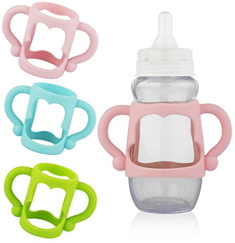 3 Stück Babyflaschen Griffe, Weich Silikon Babyflaschen Halterung mit Griffigen Griffen Flaschenhalter zum Selbstfüttern von Babys für Schmale Babyflaschen von Dr. Brown (Rosa, Grün, Blau)