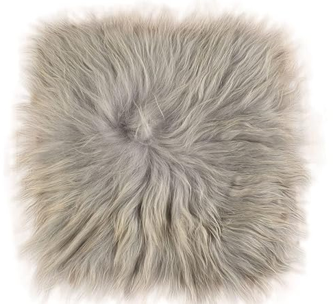 Kuhfelle Online & Nomad Lammfell Sitzauflage hellgrau Stuhlkissen aus echtem langwolligen Island Lammfell Natur 37 x 37 cm Schaffell Auflage (Silber grau)
