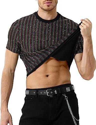 Casey Kevin Herren Glitzer T-Shirt Pailletten Hemd Shirt Metallic Shirt Sommer Oberteil Tops Für Männer Goldenes Silber Tee Mit Rundhals-Ausschnitt Clubwear Men