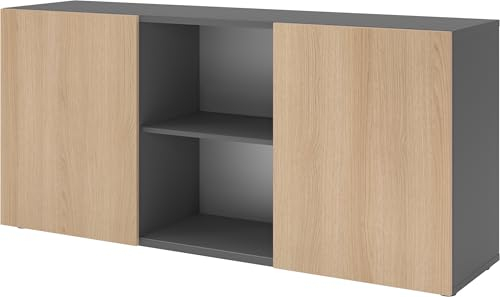 bümö Schwebetürenschrank, Sideboard Graphit/Eiche - Büromöbel Sideboard Holz 160cm breit, 42cm schmal, Büro Schrank mit Schwebetür für Flur oder als Wohnzimmer-Kommode