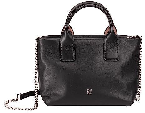 DUDU Kleine Damen-Umhängetasche aus echtem Leder, Elegante Mini-Abendtasche, 22 x 13 cm, doppelte Griffe, Kettenriemen, Reißverschluss Schwarz Rose