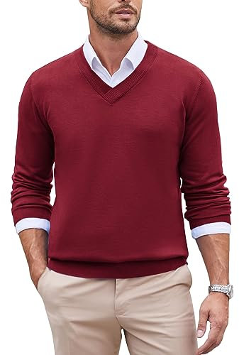 COOFANDY Men's Jumper V-Neck Sweater Long Sleeve Winter Sweaters Slim Fit Knitted Pullover Business Knitted Sweater Lightweight Jumper Winterpullover Wine Red L
