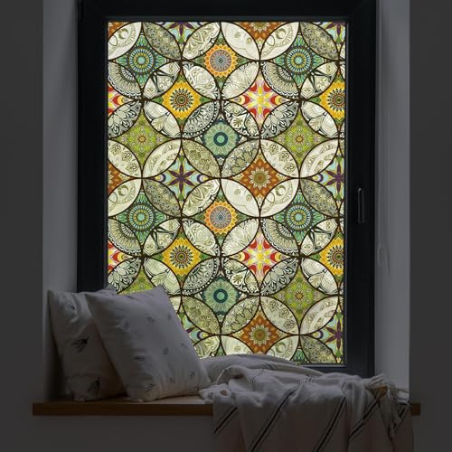 DKTIE Window Film, Non Adhesive Privacy Film, Vinyl, Stained Glass, 44.5x300cm, Yellow, Heat Control, Anti UV, Static Cling