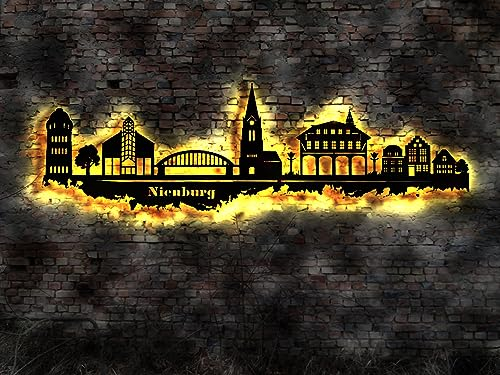 Skyline Stadt Nienburg/Weser Wandbild Holz Stadt AK Karte Map Stadtplan Wandsticker Leuchtbild