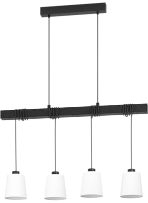 EGLO Pendelleuchte Townshend 8, 4-flammige Hängelampe, Esszimmerlampe mit Holzbalken, Esstischlampe aus Metall, Holz und Textil in schwarz und weiß, Hängeleuchte mit E27 Fassung