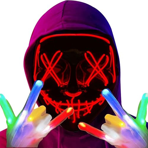 LED Scream Ghostface Halloween Maske, LED Maske im Dunkeln Leuchtend, LED Maske leuchten 6 Modi LED Glühhandschuhe, Halloween LED Blinkende Handschuhe Mütze Mit Kinder Erwachsene Skelett handschuhe