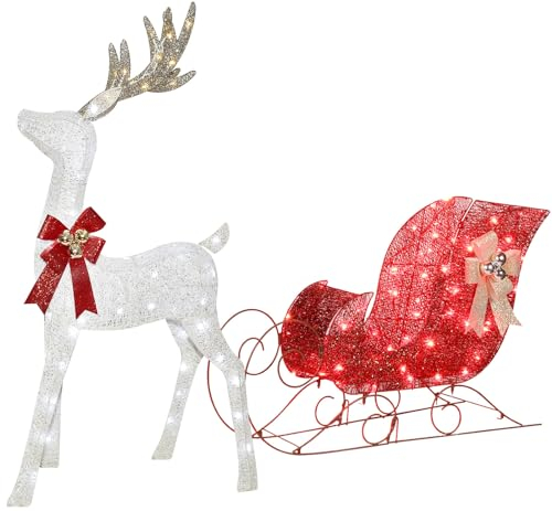 Beleuchtete Weihnachtsdekoration Decorations Rentier & Schlitten 2 Stück, HOYECHI Light up Christmas Decor Deer Set für Indoor Home Outdoor Front Yard Porch mit LED Lichtern, Stecker, Erdspieße - Weiß