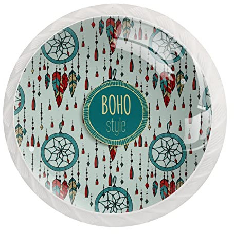 JAVENPROEQT Bohemia Boho Indian Dreamcatcher Feather Round Crystal Drawer Dresser Knobs Set of 12 Set Door Cupboard Wardrobe Hardware Knob with Screws Home Office Nursery Decor