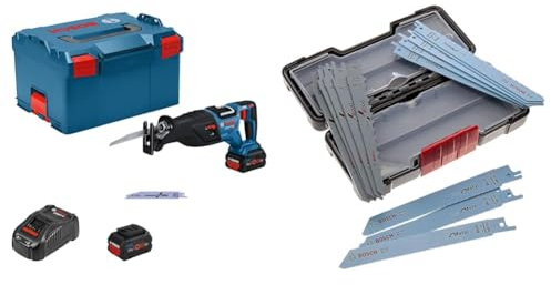 Bosch Professional BITURBO Akku-Säbelsäge GSA 18V-28 (inkl. 2 x ProCORE-Akkus 5,5 Ah, Ladegerät GAL 1880, in L-BOXX) + 15tlg. Säbelsägeblatt Wood and Metal Set (für Holz und Metall, Toughbox, Zubehör)