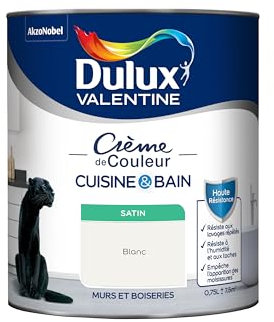 Dulux Valentine Peinture Intérieure Crème de Couleur Cuisine et Salle de Bain - Pièces Humides Murs et Boiseries - Résistant aux taches et à l'humidité - Satin Blanc 0,75 L