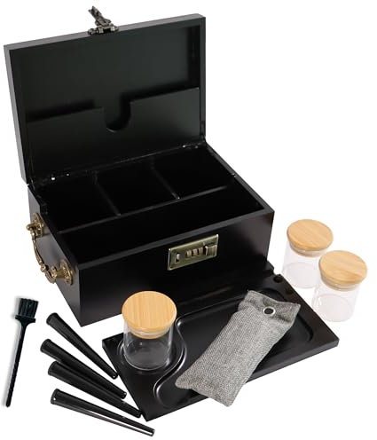 JIABOLANG Bambusbox mit Zahlenschloss und Zubehör, 3 geruchsdichte Gläser, 4 Röhren, Rolltablett, Bürste, geruchsdichter Beutel – Kräuterzubehör-Organizer-Set mit Griff, verschließbare Schwarz