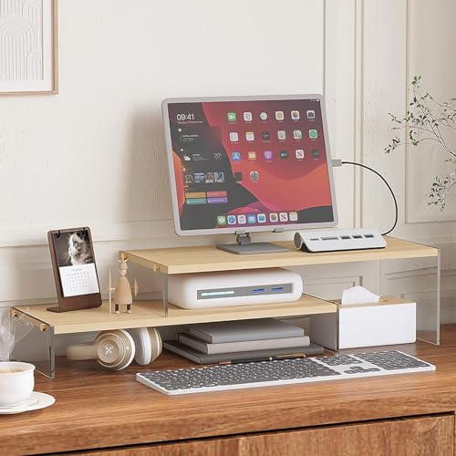 YGYQZ Soporte ajustable para monitor para escritorio, elevador de monitor doble de 2 niveles con patas acrílicas, organizador de escritorio de oficina para laptop, PC, impresora, computadora (madera