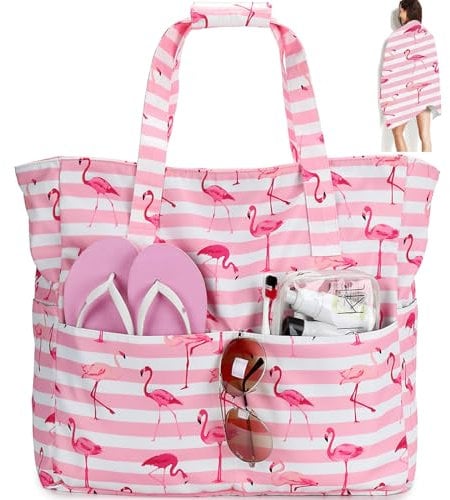 LEDAOU Grande borsa da spiaggia con cerniera da donna, impermeabile, borsa a tracolla, borsa shopper con chiusura lampo, borsa da viaggio per piscina fitness, 2 telo mare a strisce rosa