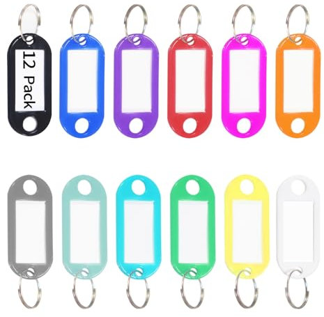 Schlüsselanhänger, Schlüssel-Etiketten, Kunststoff-Schlüsselanhänger mit Ring und Etikettenfenster, Namensschilder, ID-Tags/Identifikatoren für Gepäck, Taschen, Koffer, Rucksack, 12 Farben, 12 Stück