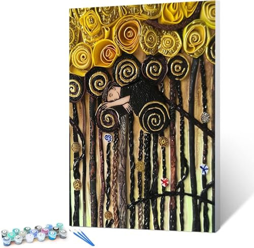 Peinture par Numéros pour Adulte, Peinture par Numero pour Enfant et Adulte, Baiser -Klimt DIY Peinture Acrylique Débutants Facile sur Toile Peintures et Pinceaux- 50x65cm (Sans cadre)