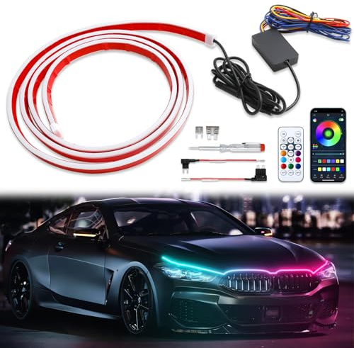 DREAMIZER Auto tagfahrlicht, 12V 180cm Bunt Auto Motorhaube Ambientebeleuchtung, 16 Millionen Farben Flexibler wasserdichter LED Tagfahrlicht für Autos, SUVs, LKWs (APP und Fernbedienung)