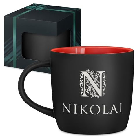 Maverton Keramik Kaffeetasse 400ml mit Gravur - personalisierter Kaffeebecher aus Matt Keramik mit Henkel - Trinkbecher für Männer zum Geburtstag zu Weihnachten - matt schwarz - Innen rot - Name
