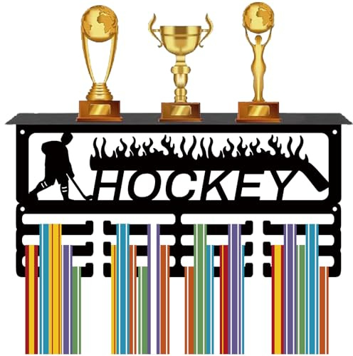 CREATCABIN Hockey-Medaillenaufhänger,Trophäenregal,Medaillenhalter Mit Regalständer,Sport,4Reihe,Metallrahmen Zum Aufhängen An Der Wand,Für 70+Medaillen Für Laufwettbewerbe,Medaillenständer,40x20x10cm