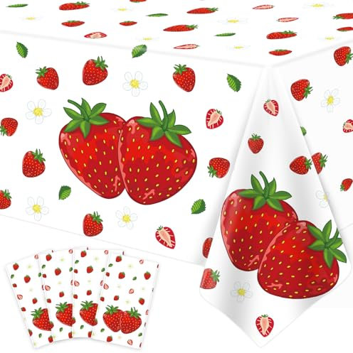 4 Stück 130 X 220 cm Erdbeer-Tischdecke Erdbeer Geburtstagsdeko Beeren-Süße Tischdecken für Erdbeer Party Zubehör