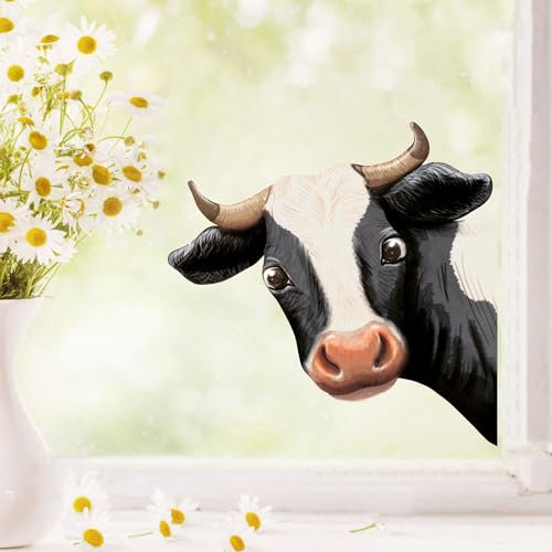 Wandtattoo Loft Fensterbild Kuh ins Fenster schauend schwarz reinschauend Kuhkopf wiederverwendbar Frühling Bauernhof Bulle Kalb, A4 Bogen