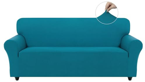 Easy-Going Stretch Sofa Überzug 3 Sitzer, Rutschfester Sofabezug für Hund Katze, Waschbarer Fleece Couch Überzug Bezug, Weicher Küchensofa Couch Cover, 1 Stück Sofaschoner mit Armlehnen, Pfauenblau