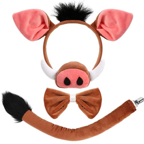 XEPST Warzenschwein Kostüm Set - Ohren, Schwanz und Stirnband für Tierkostüm Cosplay, Geburtstagsparty, Halloween - Partyzubehör