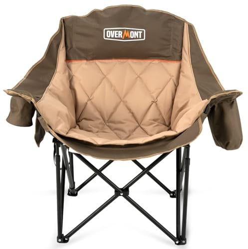OVERMONT Übergroßer Klappbar Campingstuhl Campingsofa - bis 204KG Belastbar - Faltbar Campingsessel Gepolstert mit Getränkehalter Kühltasche hoher Rückenlehne für Outdoor Indoor Camping Garten Khaki