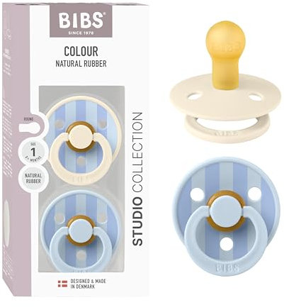 BIBS Colour Studio Schnuller 2er-Pack. BPA-frei. Kirschform Nippel. Naturkautschuk/Latex. Hergestellt in Dänemark. Größe 1 (0-6 Monate). Block Baby Blue Dusty Blue