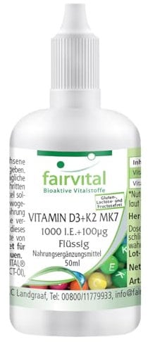 Fairvital | VITAMIN D3+K2 Tropfen - 50ml - All-Trans MK7 - hoch bioverfügbares Vitamin D3 - qualitätsgeprüft und hochdosiert - 100% vegan - Made in Germany