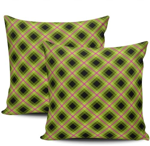 Kissen Bezug Rosa Und Grün Neon Plaid Cushion Cover Leicht Pflege Zierkissenbezüge Hautverträglich Pillow Cover Für Garten Outdoor Jungen 45X45Cm