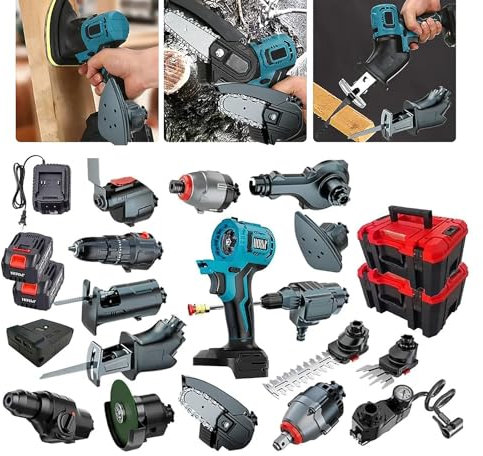 Multifunctional Brushless Power Tool Combo Kit with Batteries & Charger,Impact Drill/Jigsaw/Driver/Sander/Cleaning Machine/Chain Saw/Dual-Purpose Wrench/Green Stripper/Electric Hammer/Tool Boxes