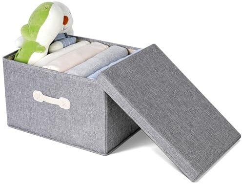 Cozary Aufbewahrungsbox mit Deckel – 30L Kiste mit Deckel - Aus Leinen Stoff - Verstärkt mit Holz - faltbar, ideal für Kleidung & Zubehör, hohe Qualität, vielseitig einsetzbar - Grau - 40x30x25cm