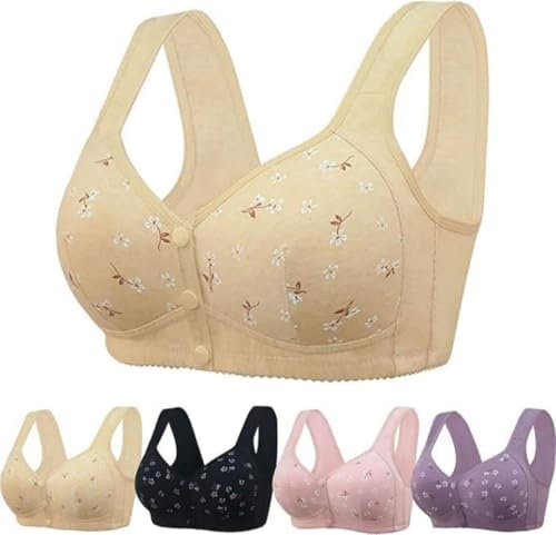 PrinStory Bras for Women Front Fastening Bras for Women Wireless Snap Closing Ladies Bras Comfort Women's Bras for The Elderly (Apricot Daisy, 38C)