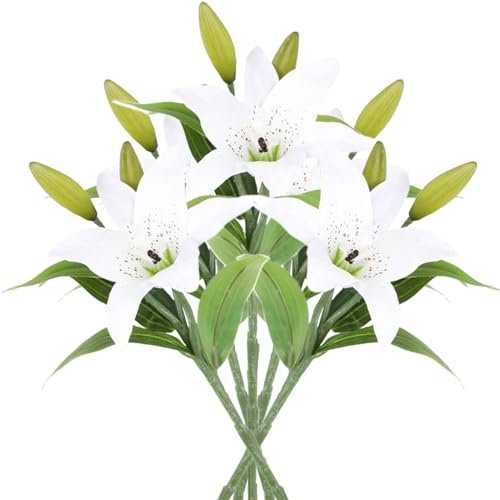 CAKEEYUM Lis artificiels 5pcs 14, 6 Fleurs de lys réalistes artificielles avec Une Tige Courte et Feuilles à Faible Entretien en Tissu caoutchouté Fleurs de lys pour décoration, artificiels Blancs d