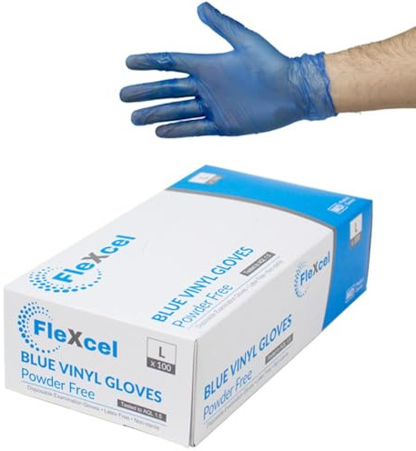 FleXcel Blue Large Disposable Vinyl Gloves – Box of 100 – Powder Free Latex Free Medical Grade Examination Gloves AQL 1.5 – Non-Sterile Food Safe Disposable Glove for Kitchen Prep & Handling